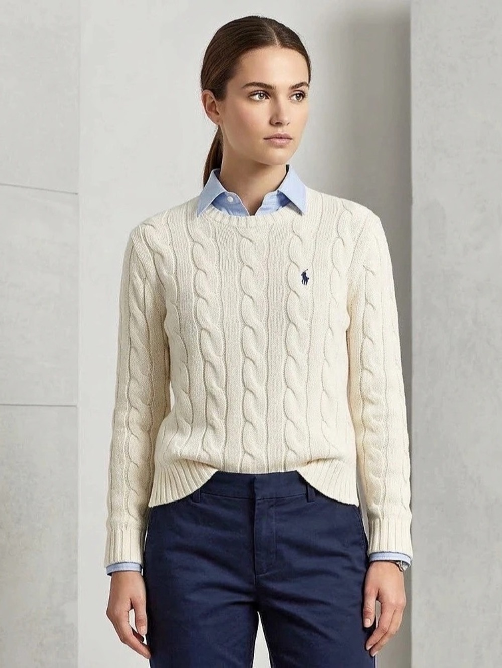Polo Ralph Lauren Wool Cashmere Cable Knit Sweater Medium Cream Navy Pony preppy